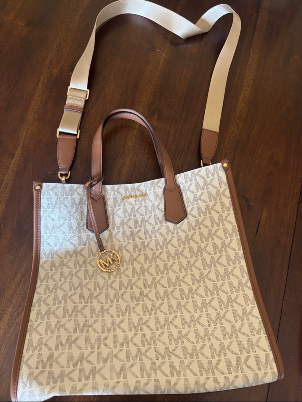 Michael Kors Cream and Brown MK Logo Tote with Gold Accent